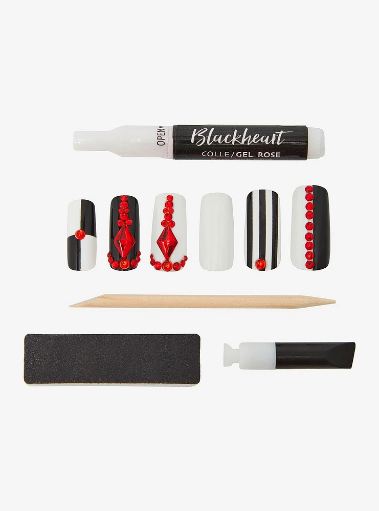 Blackheart Stripe Red Gem Faux Nail Set