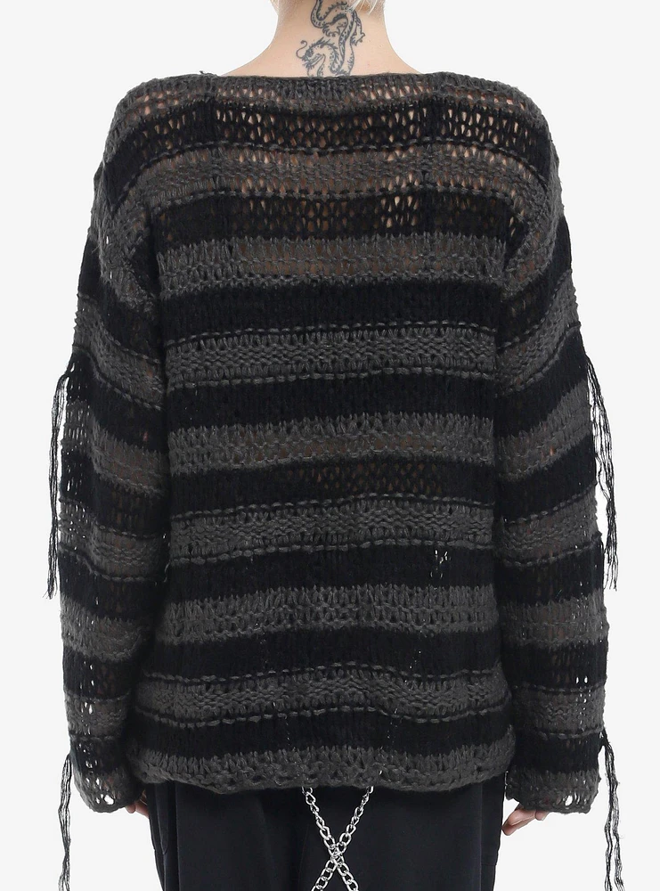 Black & Grey Stripe Destructed Girls Sweater