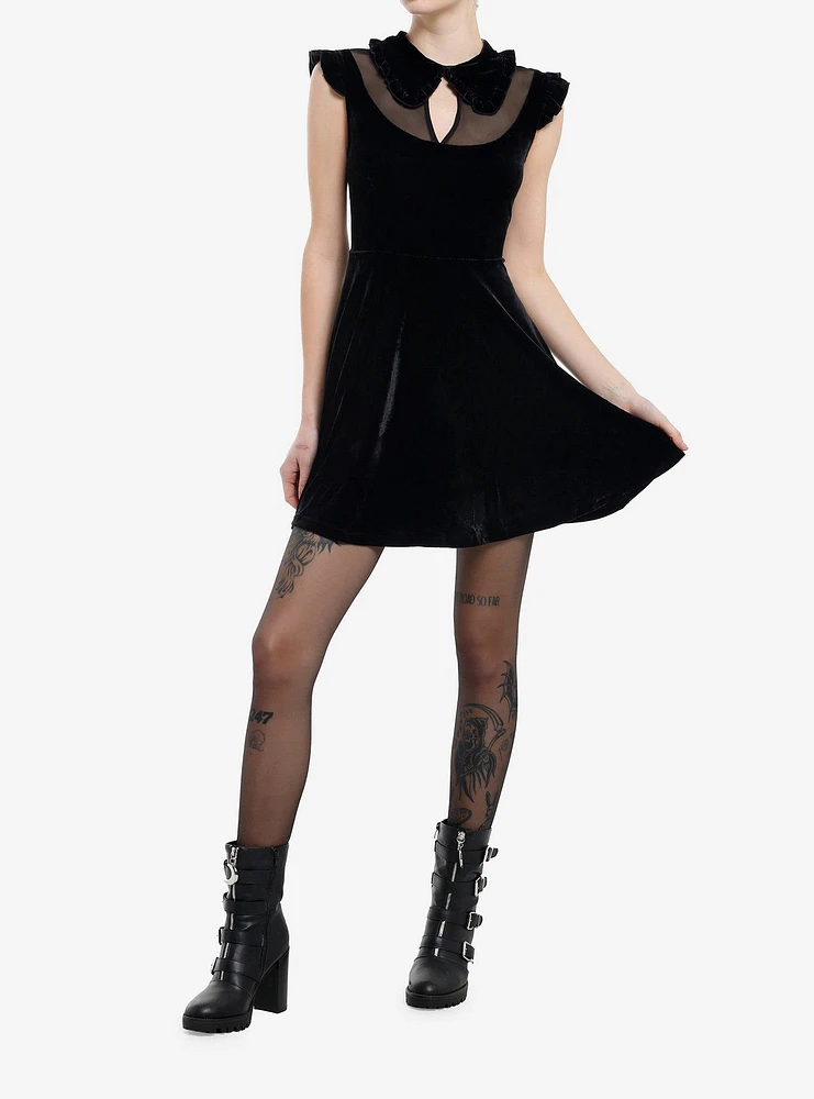 KIHILIST Black Velvet Mesh Neckline Collar Dress