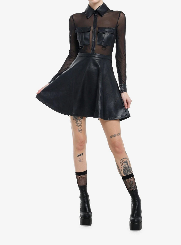 KIHILIST Black Faux Leather Mesh Long-Sleeve Dress