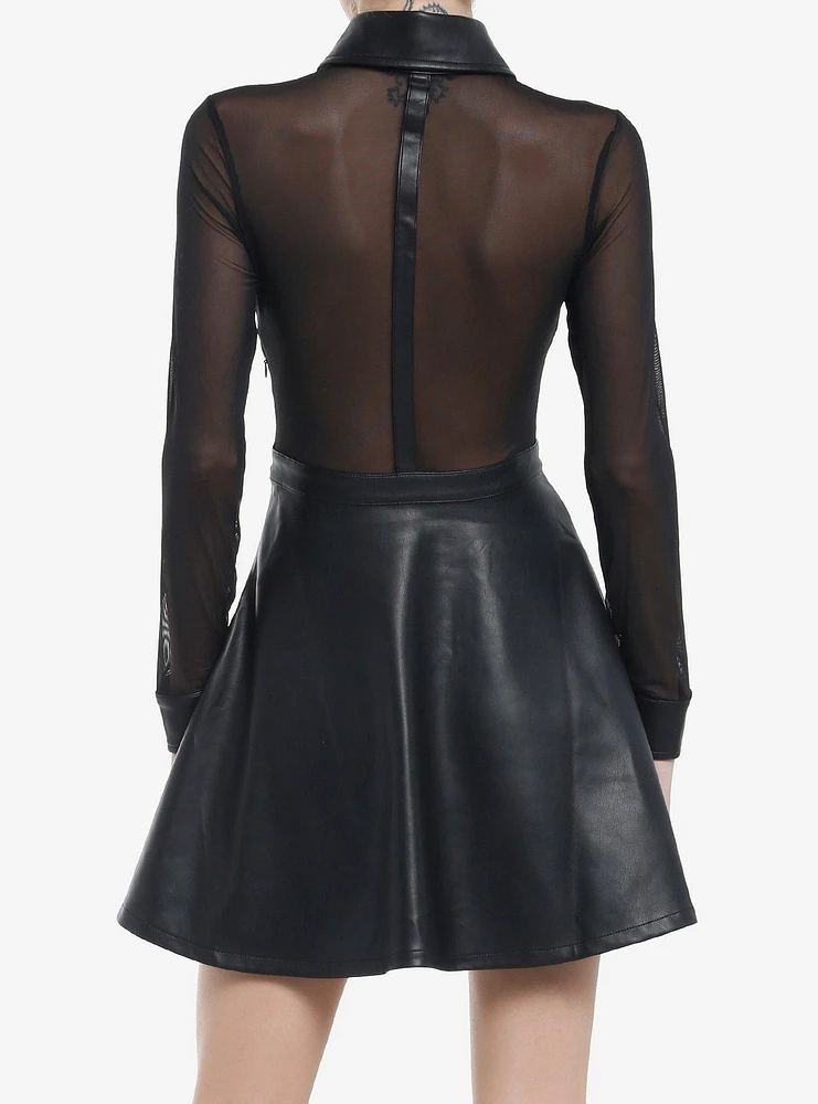 KIHILIST Black Faux Leather Mesh Long-Sleeve Dress