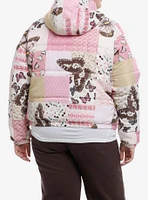 Sweet Society Butterfly Pink Patchwork Girls Puffer Jacket Plus