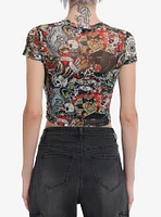 Ed Hardy Tattoo Allover Print Girls Crop Mesh Top