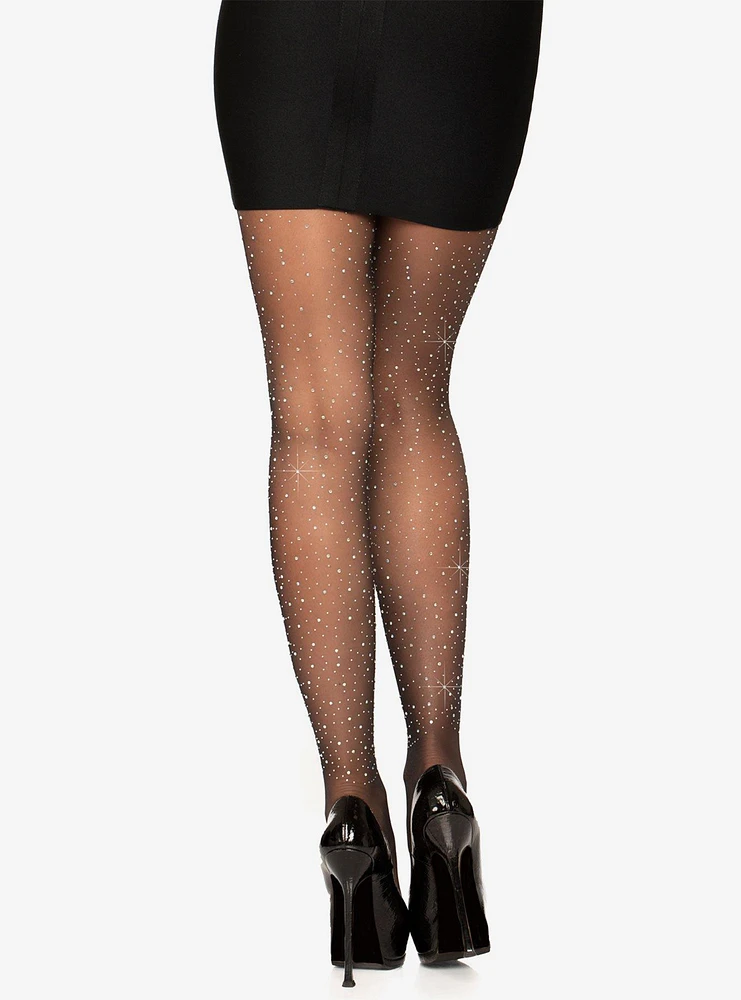 Spandex Sheer Rhinestone Tights Black