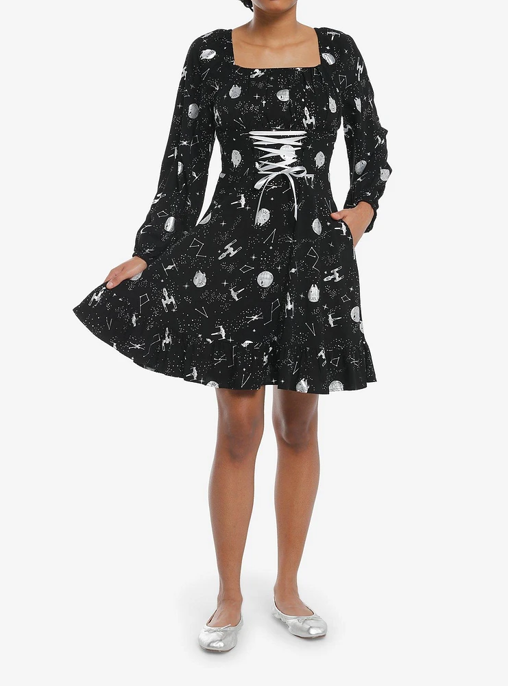 Star Wars Foil Print Lace-Up Long-Sleeve Dress