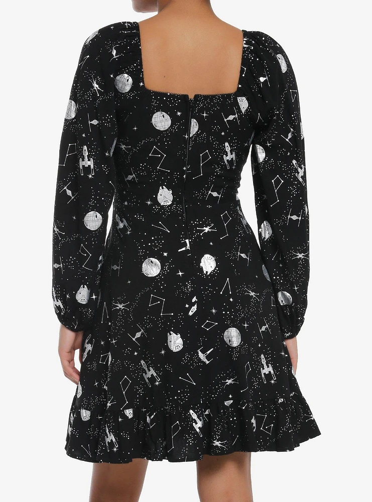 Star Wars Foil Print Lace-Up Long-Sleeve Dress