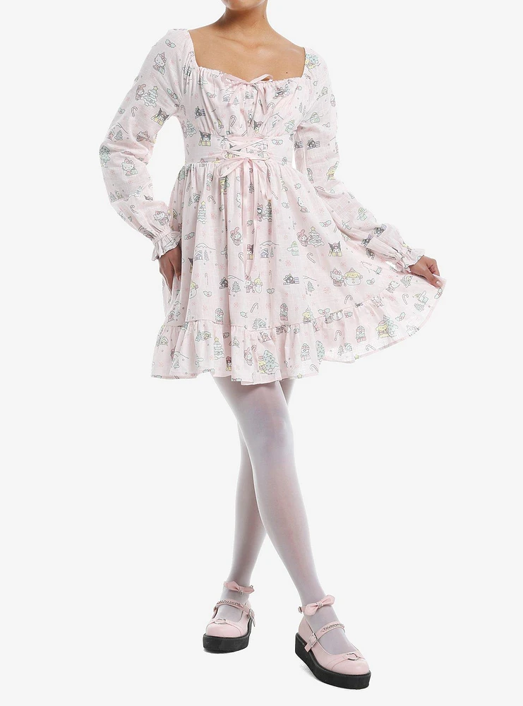 Hello Kitty And Friends Holiday Pink Lace-Up Long-Sleeve Dress