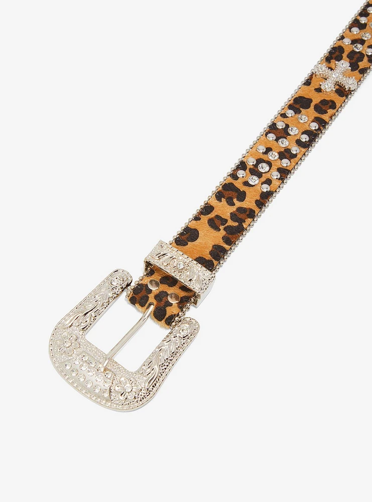 Leopard Print Stud & Rhinestone Western Belt