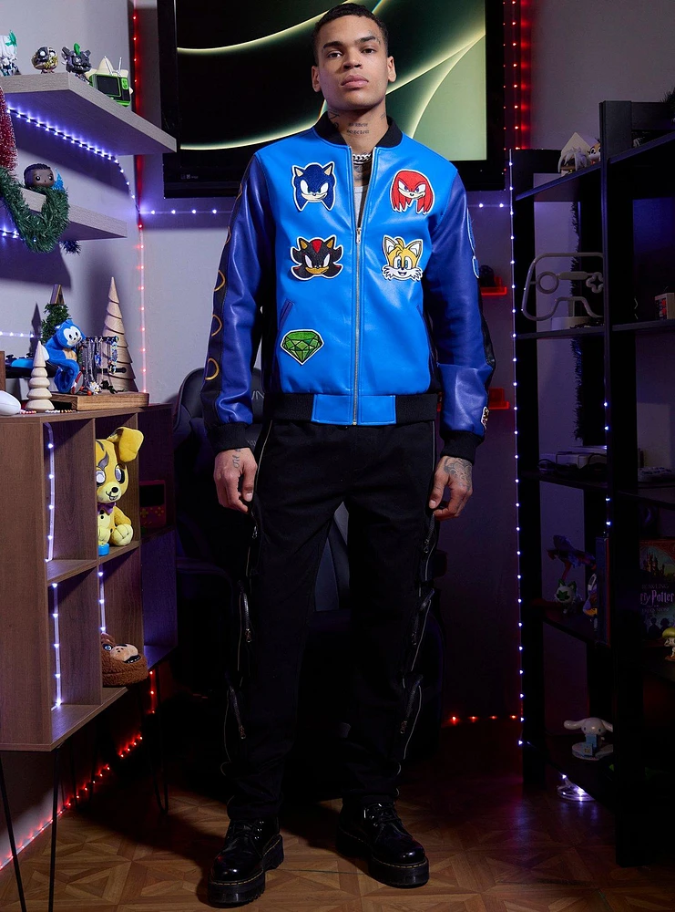 Sonic The Hedgehog Patch Faux Leather Varsity Jacket