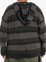 Social Collision Grey & Dark Green Stripe Girls Oversized Cardigan Plus