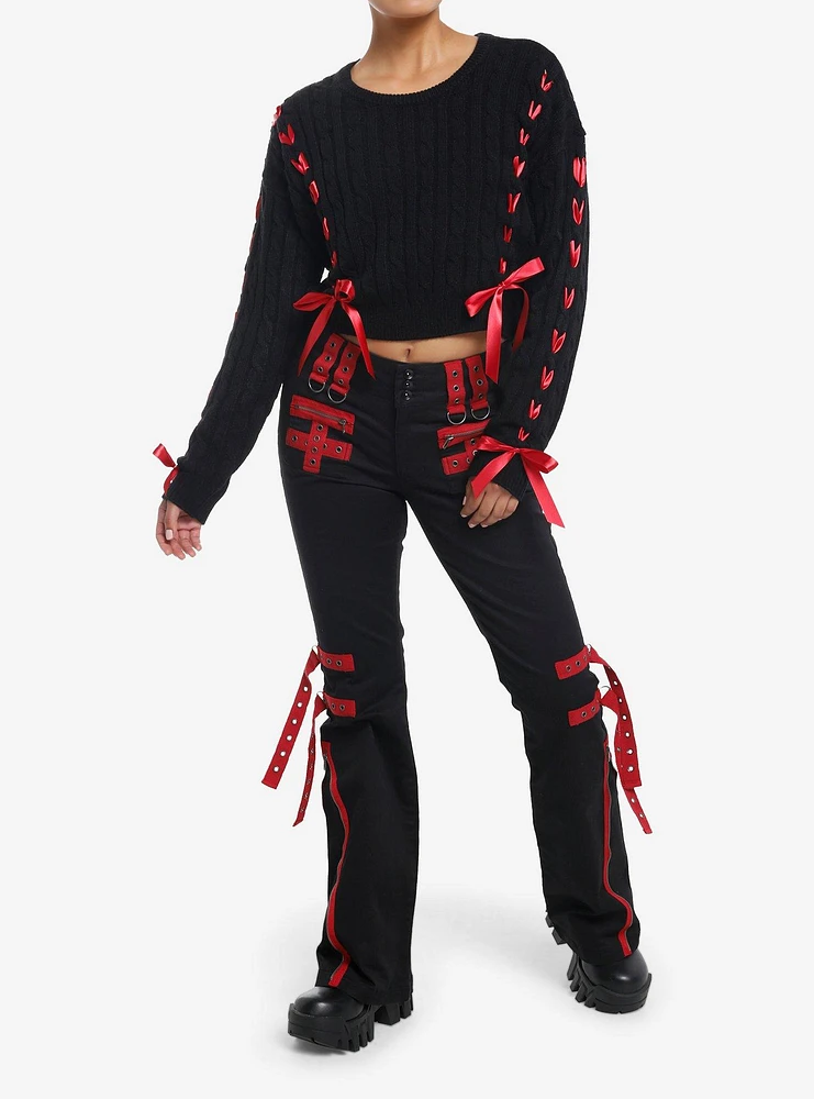 Social Collision Black Cable Knit Red Ribbon Girls Crop Sweater