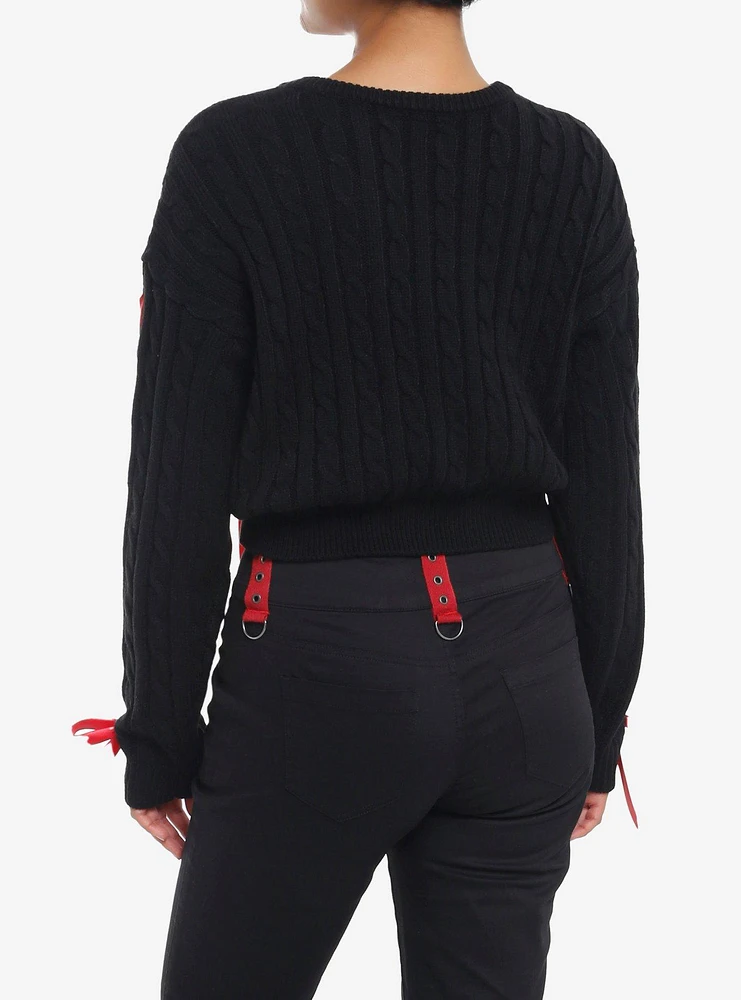 Social Collision Black Cable Knit Red Ribbon Girls Crop Sweater