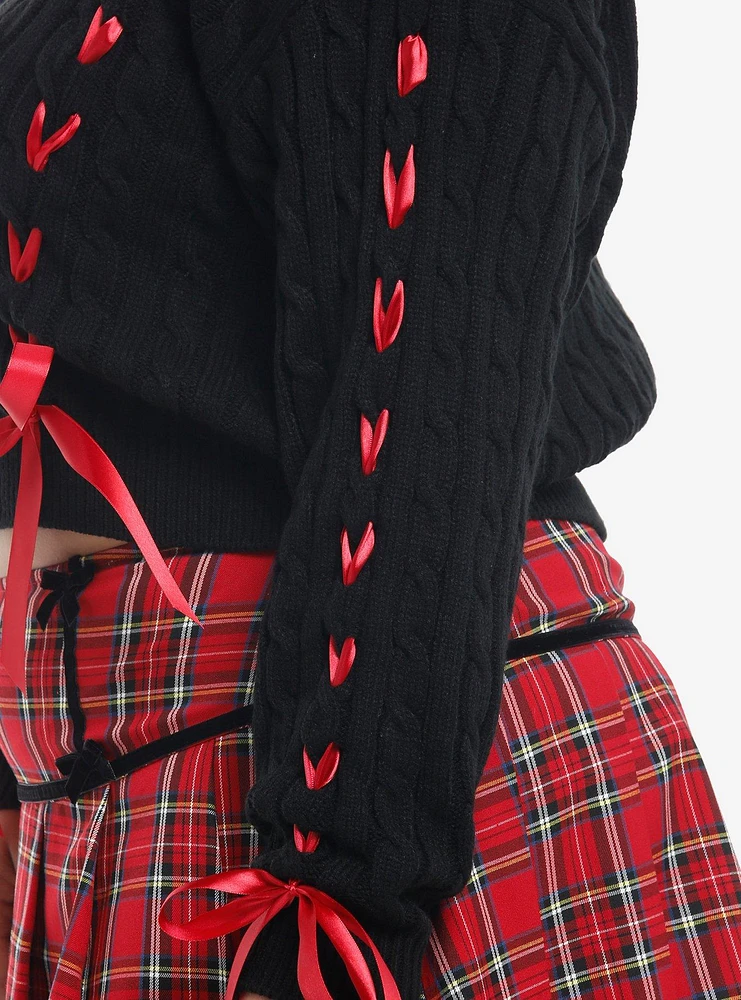 Social Collision Black Cable Knit Red Ribbon Crop Girls Sweater Plus