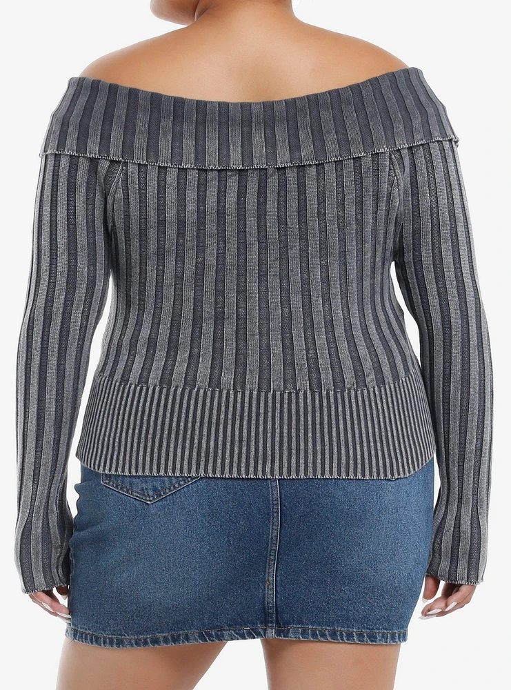 Social Collision Grey Washed Off-Shoulder Girls Zip Cardigan Plus