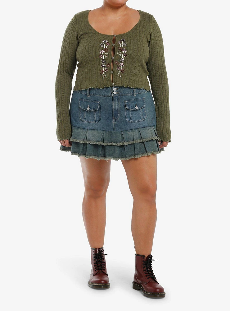 Thorn & Fable Olive Mushroom Girls Crop Cardigan Plus