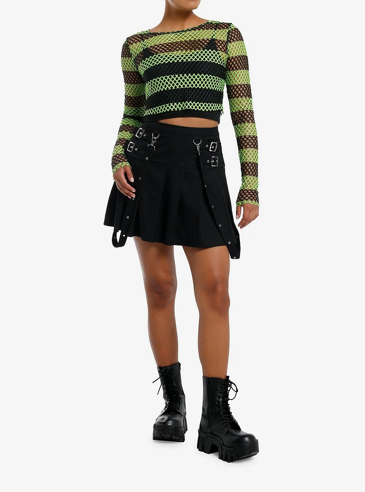 Social Collision Black & Green Fishnet Girls Crop Long-Sleeve Top