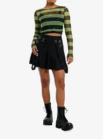 Social Collision Black & Green Fishnet Girls Crop Long-Sleeve Top