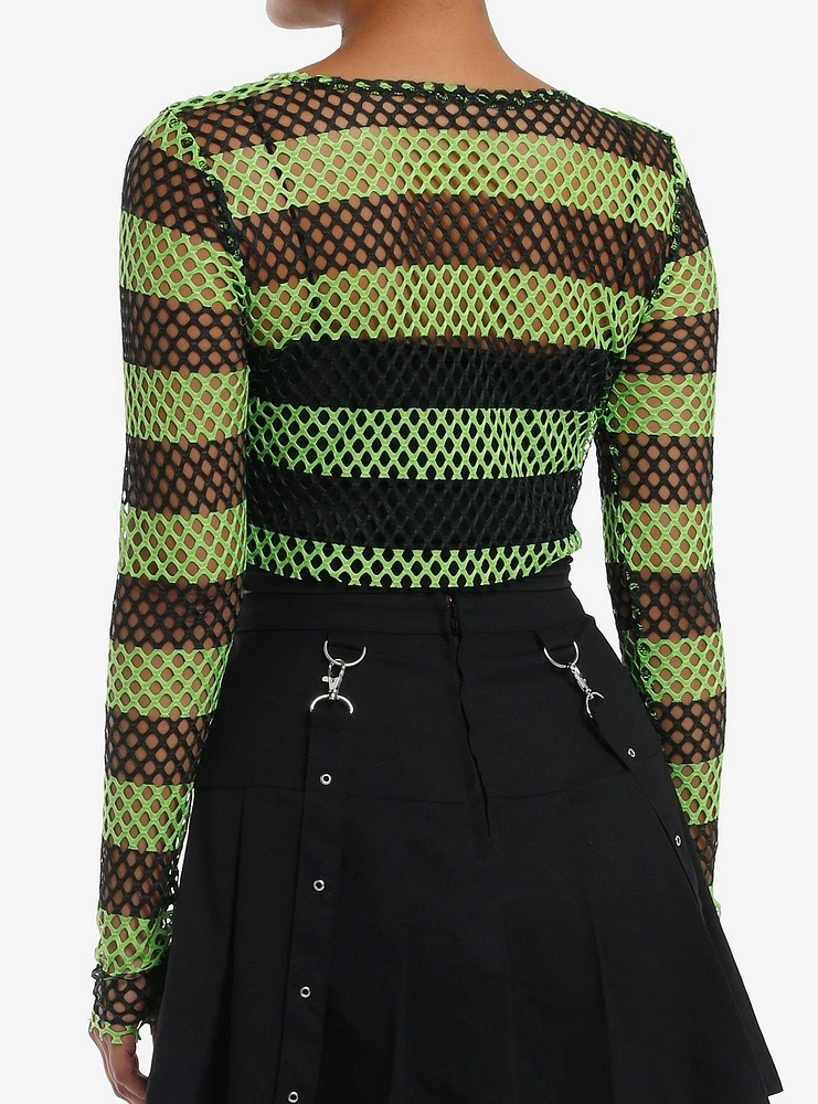 Social Collision Black & Green Fishnet Girls Crop Long-Sleeve Top