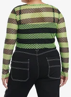 Social Collision Black & Green Fishnet Girls Crop Long-Sleeve Top Plus