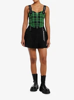 Social Collision Green & Black Plaid Grommet Zip-Front Girls Corset