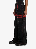 Black & Red Grommet Suspender Wide Leg Pants