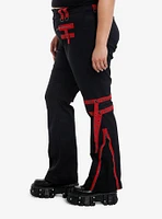 Black & Red Grommet Tape Zipper Pants Plus