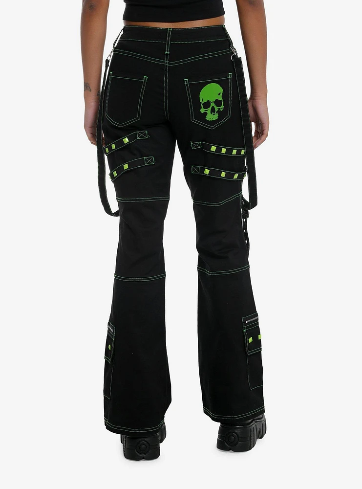 Black & Green Skull Stud Strap Flare Pants