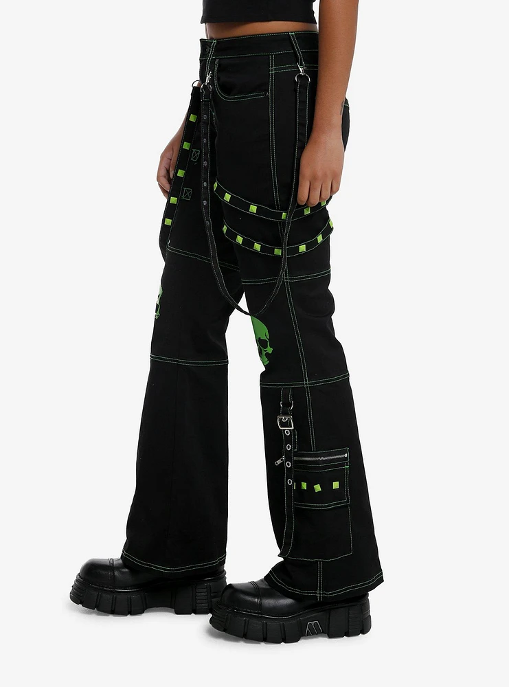 Black & Green Skull Stud Strap Flare Pants