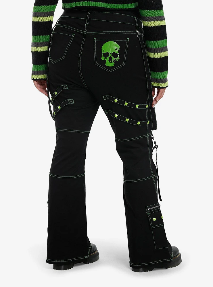 Black & Green Skull Stud Strap Flare Pants Plus