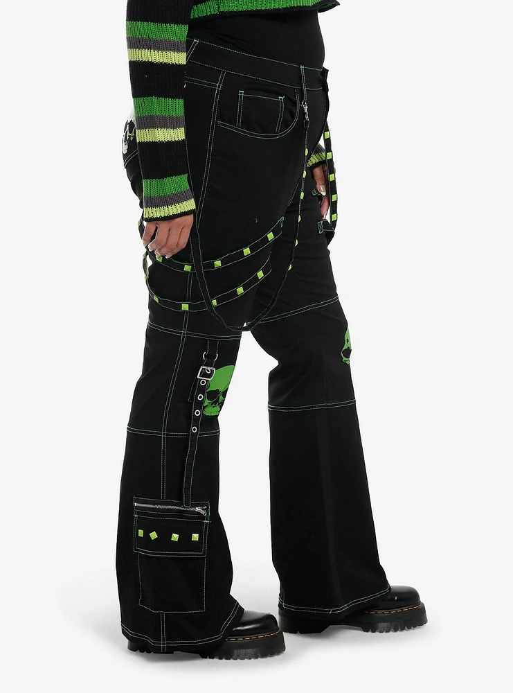 Black & Green Skull Stud Strap Flare Pants Plus