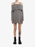 Social Collision Grey Cable Knit Destructed Cold Shoulder Sweater Dress