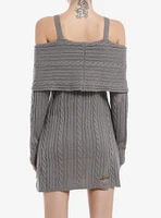 Social Collision Grey Cable Knit Destructed Cold Shoulder Sweater Dress