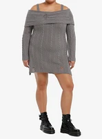 Social Collision Grey Cable Knit Destructed Cold Shoulder Sweater Dress Plus