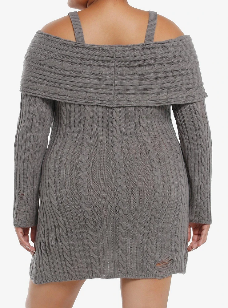 Social Collision Grey Cable Knit Destructed Cold Shoulder Sweater Dress Plus