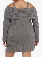 Social Collision Grey Cable Knit Destructed Cold Shoulder Sweater Dress Plus