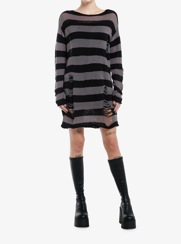 Social Collision Grey & Black Stripe Distressed Sweater Dress