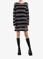 Social Collision Grey & Black Stripe Distressed Sweater Dress