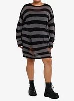 Social Collision Grey & Black Stripe Distressed Sweater Dress Plus