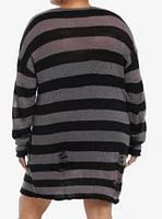 Social Collision Grey & Black Stripe Distressed Sweater Dress Plus