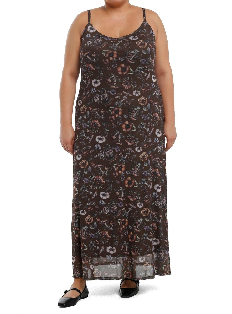 Thorn & Fable Brown Mushrooms Flowers Maxi Dress Plus