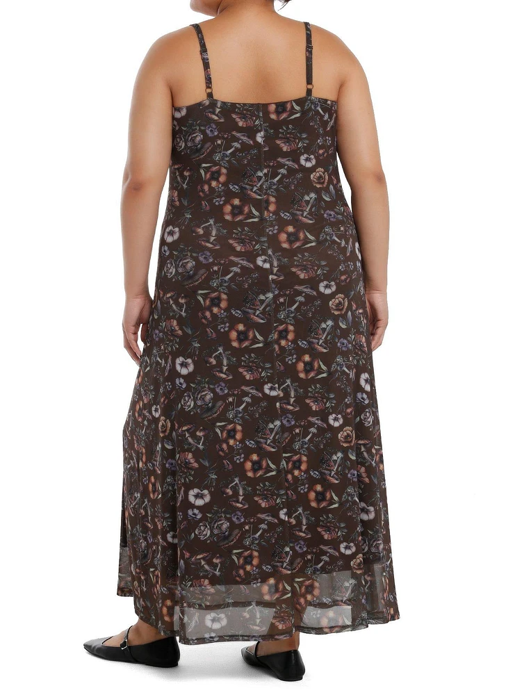 Thorn & Fable Brown Mushrooms Flowers Maxi Dress Plus