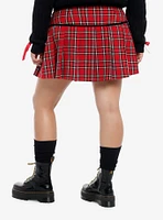 Social Collision Red Plaid Velvet Bow Pleated Mini Skirt Plus