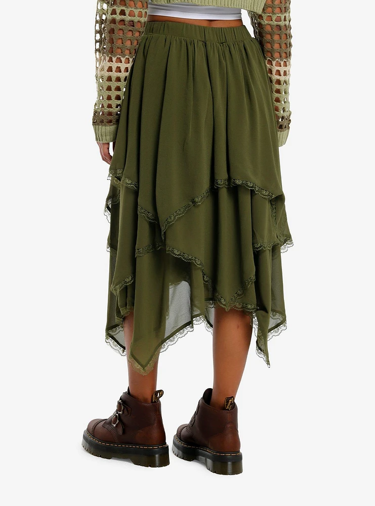 Thorn & Fable Green Tiered Hanky Hem Midi Skirt