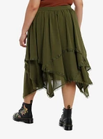 Thorn & Fable Green Tiered Hanky Hem Midi Skirt Plus