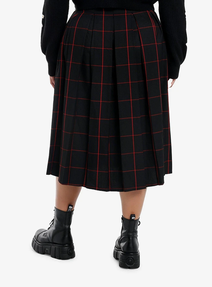 Social Collision Black & Red Windowpane Plaid Pleated Midi Skirt Plus