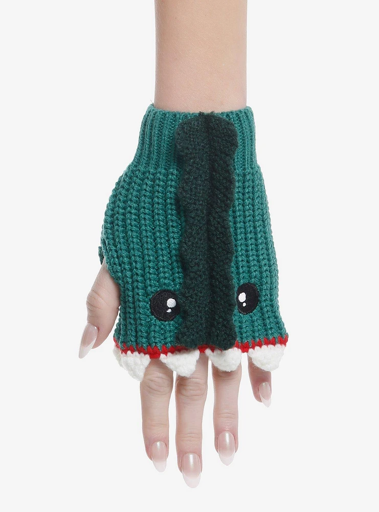 Green Dinosaur Biting Fingerless Gloves