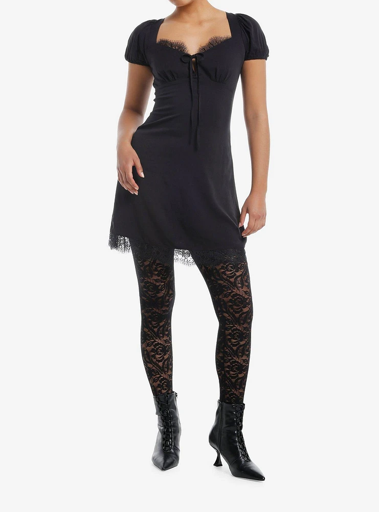 Cosmic Aura Black Lace Puff Sleeve Dress