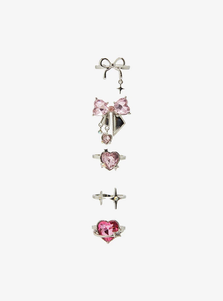 Sweet Society Pink Gem Bow Heart Ring Set