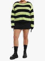 Social Collision Black & Green Stripe Girls Crop Sweater Plus