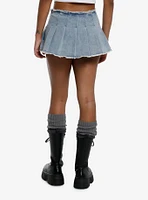 Light Indigo Wash Frayed Denim Pleated Micro Skort